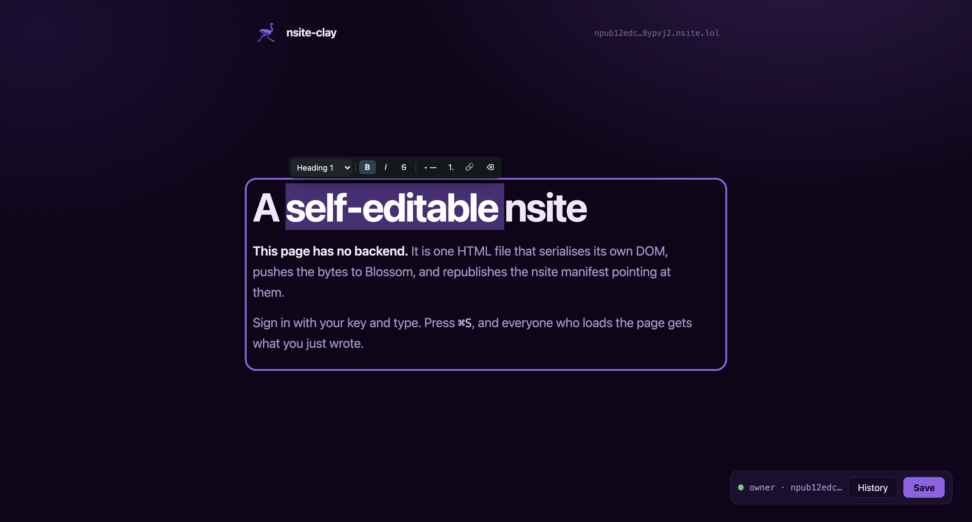 The heading of a published page being edited in the browser, with the block menu open